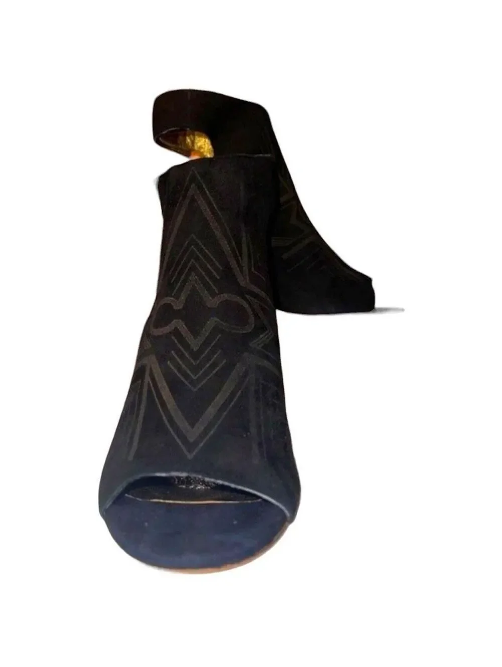 Cynthia Vincent Black Suede Geometric Embroidered Wood Block Heel Sandals sz 8.5